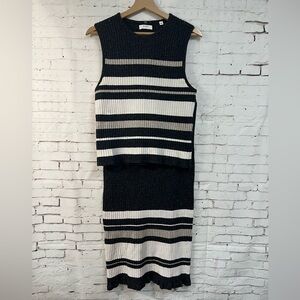 Billy Reid Size Large Linen Silk Skirt Tan Set Ribbed Gray Black Stripe Fitted